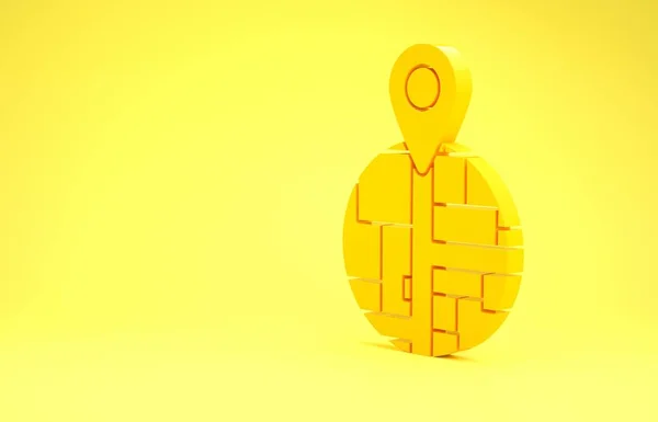 Placeholder amarelo no papel do mapa no ícone da perspectiva isolado no fundo amarelo. Conceito de minimalismo. 3D ilustração 3D render — Fotografia de Stock