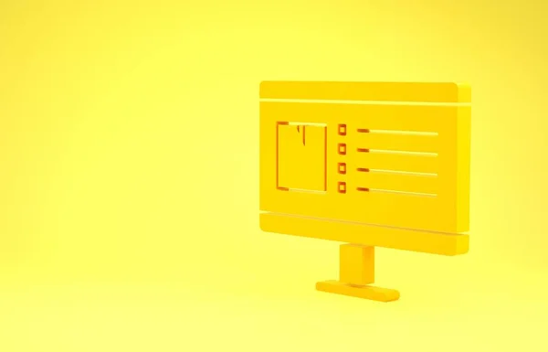 Sarı bilgisayar monitörü ve uygulama dağıtım ikonu sarı arkaplanda izole edildi. Paket takibi. Minimalizm kavramı. 3d illüstrasyon 3d canlandırma — Stok fotoğraf