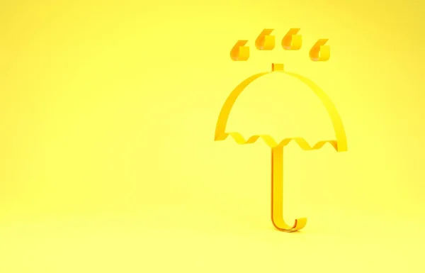 Sárga esernyő és esőcseppek ikon elszigetelt sárga alapon. Vízálló ikon. Védelem, biztonság, védelem. Vízálló szimbólum. Minimalizmus koncepció. 3d illusztráció 3d render — Stock Fotó
