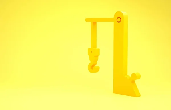 Žlutý přístav port jeřáb ikona izolované na žlutém pozadí. Nákladní jeřábová věž. Minimalismus. 3D ilustrace 3D vykreslení — Stock fotografie