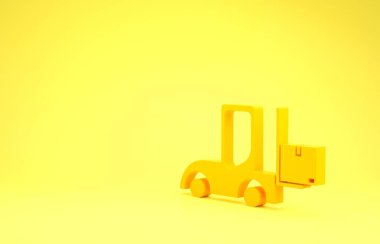 Sarı forklift ikonu sarı arka planda izole edildi. Çatal doldurucu ve karton kutu. Kargo teslimatı, nakliye, ulaşım. Minimalizm kavramı. 3d illüstrasyon 3d canlandırma