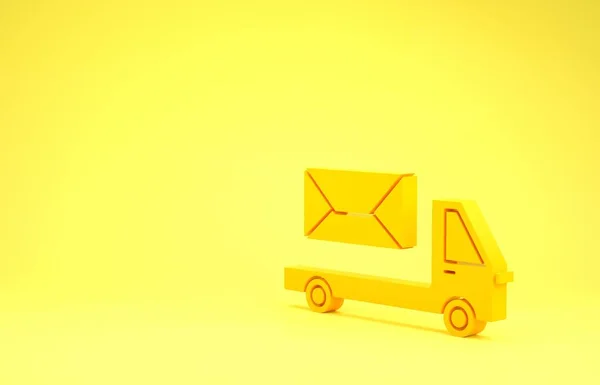 Ícone de caminhão amarelo Post isolado no fundo amarelo. Carro do correio. Transporte de caminhões de veículos com envelope ou carta. Conceito de minimalismo. 3D ilustração 3D render — Fotografia de Stock