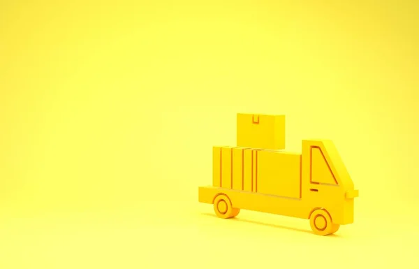 Caminhão de entrega amarelo com caixas de papelão atrás do ícone isolado no fundo amarelo. Conceito de minimalismo. 3D ilustração 3D render — Fotografia de Stock