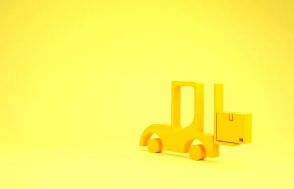 Ícone amarelo do caminhão de empilhadeira isolado no fundo amarelo. Carregador de garfo e caixa de papelão. Entrega de carga, transporte, transporte. Conceito de minimalismo. 3D ilustração 3D render — Fotografia de Stock