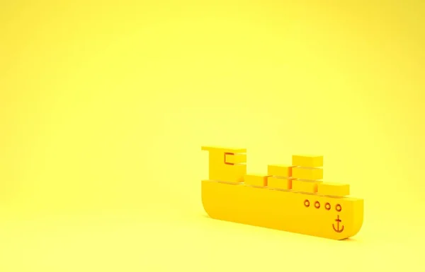 Sárga teherhajó dobozok szállítási szolgáltatás ikon elszigetelt sárga alapon. Szállítmány, szállítás. Teherhajó csomagokkal, dobozokkal, árukkal. Minimalizmus koncepció. 3d illusztráció 3d render — Stock Fotó