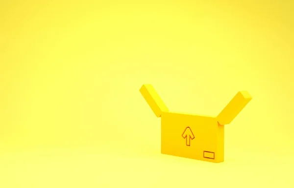 Caixa de papelão amarelo com ícone de símbolo de tráfego isolado no fundo amarelo. Caixa, pacote, sinal de encomenda. Entrega, transporte e transporte. Conceito de minimalismo. 3D ilustração 3D render — Fotografia de Stock