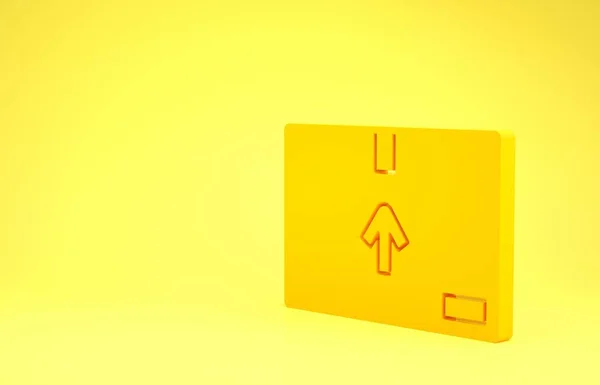 Yellow Cardboard box with traffic symbol icon isolated on yellow background. Box, package, parcel sign. Delivery, transportation and shipping. Minimalism concept. 3d illustration 3D render
