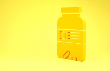 Sarı ilaç şişesi ve sarı arka planda izole edilmiş hap ikonu. Şişe hapı işareti. Eczane tasarımı. Minimalizm kavramı. 3d illüstrasyon 3d canlandırma