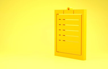 Sarı arkaplanda kontrol listesi simgesi olan sarı pano izole edildi. Minimalizm kavramı. 3d illüstrasyon 3d canlandırma