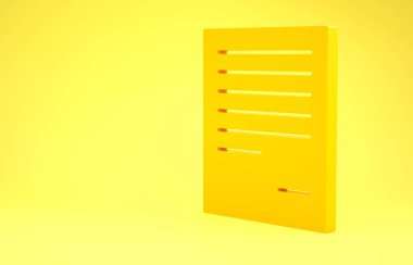 Sarı Belge simgesi sarı arkaplanda izole edildi. Dosya simgesi. Kontrol listesi simgesi. İş konsepti. Minimalizm kavramı. 3d illüstrasyon 3d canlandırma