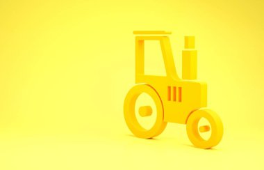 Sarı arkaplanda sarı traktör simgesi izole edildi. Minimalizm kavramı. 3d illüstrasyon 3d canlandırma