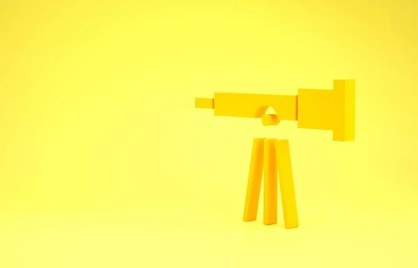 Ícone do telescópio amarelo isolado no fundo amarelo. Ferramenta científica. Educação e astronomia elemento, spyglass e estrelas de estudo. Conceito de minimalismo. 3D ilustração 3D render — Fotografia de Stock