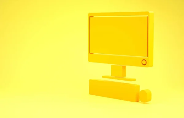 Gul datorskärm med tangentbord och mus ikon isolerad på gul bakgrund. PC-komponentskylt. Minimalistiskt koncept. 3D-återgivning för 3D — Stockfoto