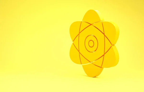 Gul Atom ikon isolerad på gul bakgrund. Symbol för vetenskap, utbildning, kärnfysik, vetenskaplig forskning. Elektroner och protoner signerar. Minimalistiskt koncept. 3D-illustration 3D-återgivning — Stockfoto