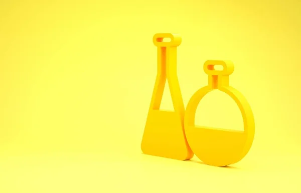 Gelbes Reagenzglas und Kolben-Chemielabor-Testsymbol isoliert auf gelbem Hintergrund. Laborgläser. Minimalismus-Konzept. 3D Illustration 3D Renderer — Stockfoto