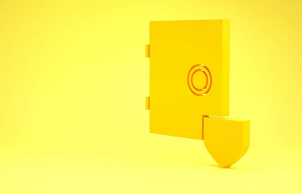 Amarillo Caja fuerte con icono de escudo aislado sobre fondo amarillo. Concepto de seguro. Seguridad, seguridad, protección, concepto de protección. Concepto minimalista. 3D ilustración 3D render —  Fotos de Stock