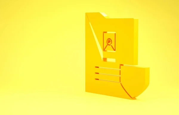 Documento giallo con icona a scudo isolata su sfondo giallo. Concetto assicurativo. Sicurezza, sicurezza, protezione, proteggere il concetto. Concetto minimalista. Illustrazione 3d rendering 3D — Foto Stock