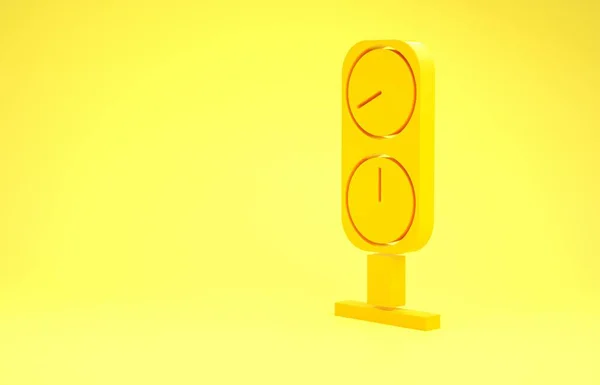 Icono de escala de calibre amarillo aislado sobre fondo amarillo. Satisfacción, temperatura, manómetro, riesgo, calificación, rendimiento, tacómetro de velocidad. Concepto minimalista. 3D ilustración 3D render — Foto de Stock