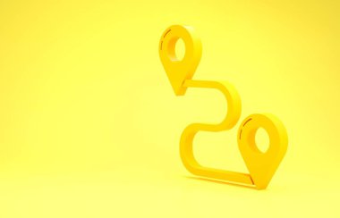Sarı arkaplanda izole edilmiş Sarı Yol konum simgesi. Harita işaretçisi işareti. Yol ya da yol kavramı. GPS navigatörü. Minimalizm kavramı. 3d illüstrasyon 3B canlandırma