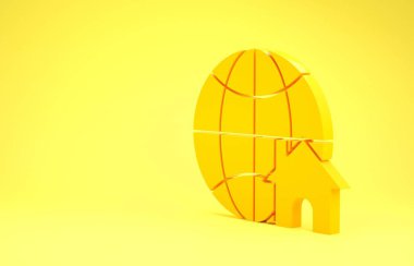 Sarı arkaplanda izole edilmiş ev sembolü olan Sarı Küre. Emlak konsepti. Minimalizm kavramı. 3d illüstrasyon 3d canlandırma