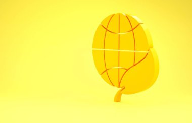 Sarı Dünya küresi ve yaprak ikonu sarı arkaplanda izole edilmiş. Dünya ya da Dünya işareti. Geometrik şekiller. Çevresel konsept. Minimalizm kavramı. 3d illüstrasyon 3d canlandırma