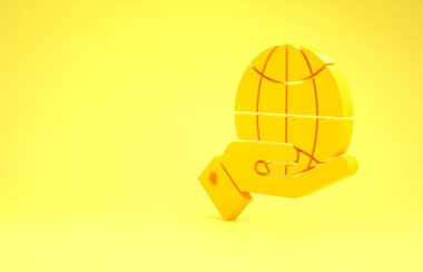 Sarı insan elleri, sarı arkaplanda Dünya 'nın ikonunu tutuyor. Dünya kavramını sakla. Minimalizm kavramı. 3d illüstrasyon 3B canlandırma