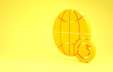 Sarı Gezegen Dünyası ve sarı arka planda izole edilmiş bir geri dönüşüm ikonu. Çevresel konsept. Minimalizm kavramı. 3d illüstrasyon 3d canlandırma