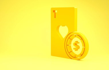 Sarı Kumarhane çipi ve iskambil simgesi sarı arka planda izole edilmiş. Kumarhane pokeri. Minimalizm kavramı. 3d illüstrasyon 3d canlandırma
