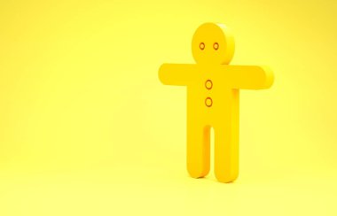 Sarı Tatil Zencefilli Kurabiye Adam ikonu sarı arka planda izole edilmiş. Kurabiye, insan şeklinde ve kremalı. Minimalizm kavramı. 3d illüstrasyon 3d canlandırma