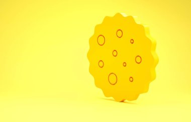 Sarı arkaplanda izole edilmiş çikolatalı kurabiye ya da bisküvi. Minimalizm kavramı. 3d illüstrasyon 3B canlandırma