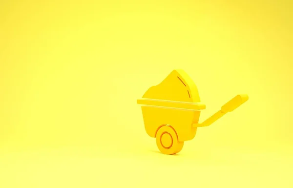 Yellow Wheelbarrow with dirt icon isolated on yellow background. Tool equipment. Agriculture cart wheel farm. Minimalism concept. 3d illustration 3D render — 스톡 사진