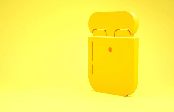 在黄色背景下孤立的盒子图标中的黄色空气耳机。 如有耳机、家用电器、家用电器、家用电器、家用电器、家用电器. 最低纲领的概念。 3d说明3d — 图库照片