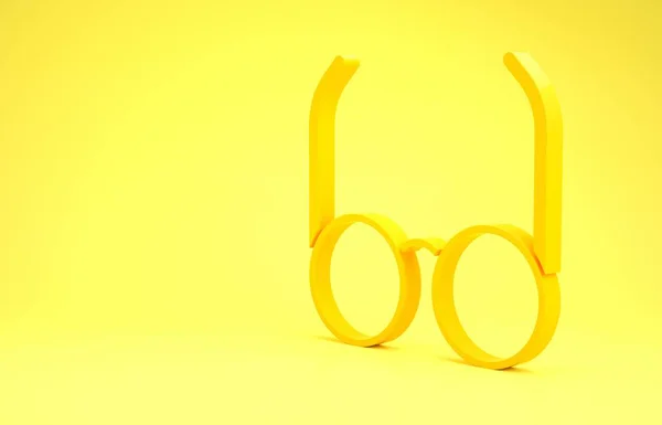 Sarı Gözlük simgesi sarı arkaplanda izole edildi. Gözlük çerçevesi sembolü. Minimalizm kavramı. 3d illüstrasyon 3d canlandırma — Stok fotoğraf