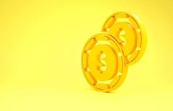 Chip de casino amarillo con símbolo de dólar icono aislado sobre fondo amarillo. Juego de casino. Concepto minimalista. 3D ilustración 3D render — Foto de Stock