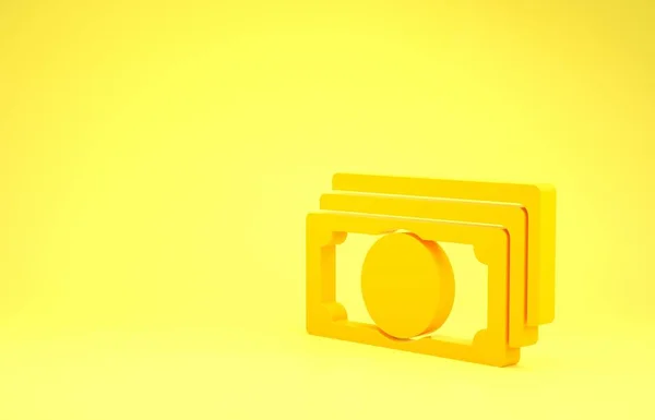 Žluté zásobníky papírové peníze hotovost ikona izolované na žlutém pozadí. Hromádky bankovek. Bilanční měna. Minimalismus. 3D ilustrace 3D vykreslení — Stock fotografie