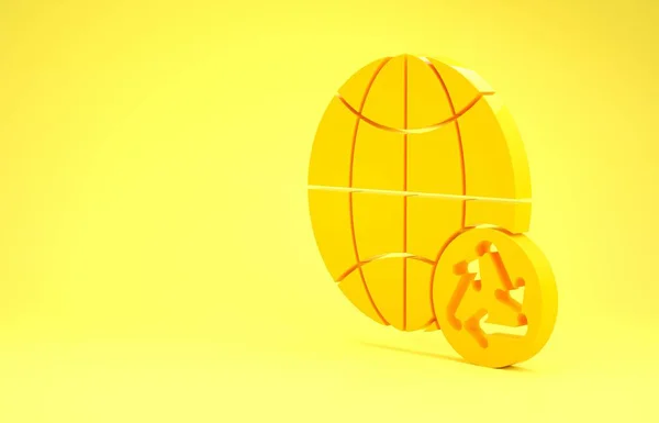 Planète jaune terre et une icône de recyclage isolé sur fond jaune. Concept environnemental. Concept de minimalisme. Illustration 3D rendu 3D — Photo
