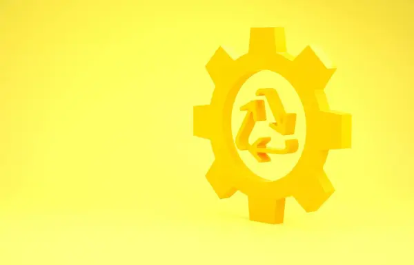 Żółty symbol recyklingu i ikona biegu izolowane na żółtym tle. Okrągła ikona strzałek. Środowisko nadające się do recyklingu staje się zielone. Koncepcja minimalizmu. Ilustracja 3d — Zdjęcie stockowe