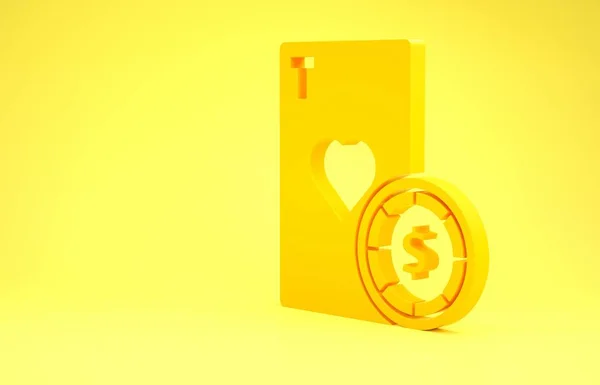Chip Yellow Casino e icona delle carte da gioco isolata su sfondo giallo. Poker da casinò. Concetto minimalista. Illustrazione 3d rendering 3D — Foto Stock