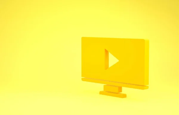 黄色在线播放视频图标隔离在黄色背景。 带游戏标志的计算机监视器和胶卷条. 最低纲领的概念。 3d说明3d — 图库照片