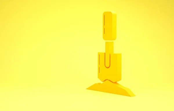 Yellow Shovel in the ground icon isolated on yellow background. Gardening tool. Tool for horticulture, agriculture, farming. Minimalism concept. 3d illustration 3D render — 스톡 사진