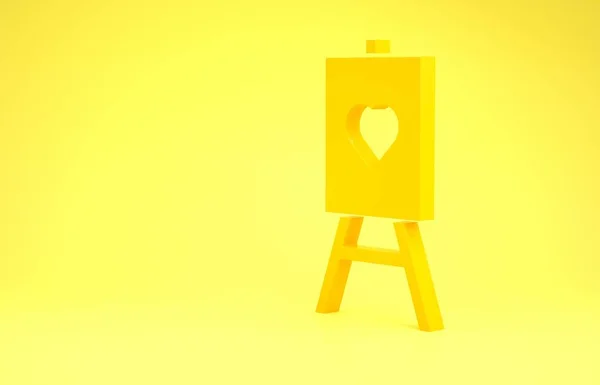 Sarı ahşap sehpa ya da sarı arka planda izole edilmiş kalp ikonu olan resim tahtaları. Minimalizm kavramı. 3d illüstrasyon 3d canlandırma — Stok fotoğraf