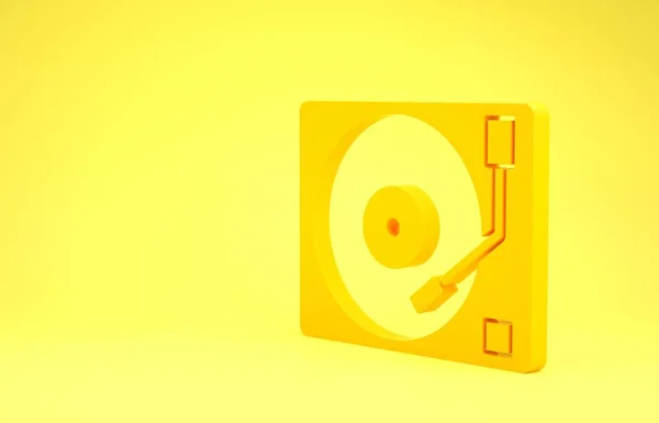 Sarı arka planda izole edilmiş vinil disk simgesine sahip sarı Vinil oynatıcı. Minimalizm kavramı. 3d illüstrasyon 3B canlandırma — Stok fotoğraf