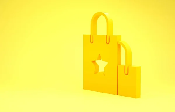 Icona della shopping bag di carta gialla isolata su sfondo giallo. Un cartello. Concetto minimalista. Illustrazione 3d rendering 3D — Foto Stock