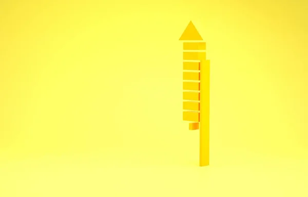Ícone de foguete de fogo de artifício amarelo isolado no fundo amarelo. Conceito de festa divertida. Símbolo pirotécnico explosivo. Conceito de minimalismo. 3D ilustração 3D render — Fotografia de Stock
