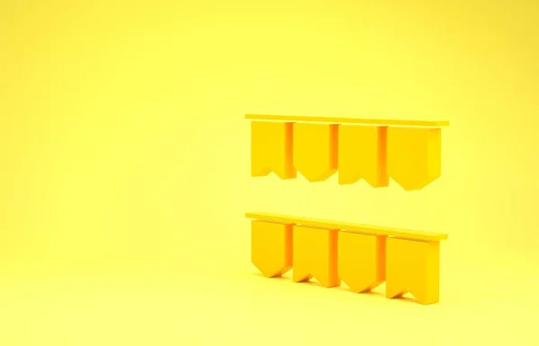 Κίτρινο Καρναβάλι γιρλάντα με σημαίες εικόνα απομονώνονται σε κίτρινο φόντο. Παντελόνια για εορτασμούς γενεθλίων, φεστιβάλ και δίκαιη διακόσμηση. Μινιμαλιστική έννοια. 3d απεικόνιση 3D καθιστούν — Φωτογραφία Αρχείου