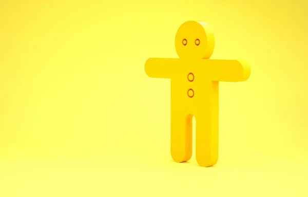 Yellow Holiday gingerbread man cookie icon isolated on yellow background. Cookie in shape of man with icing. Minimalism concept. 3d illustration 3D render