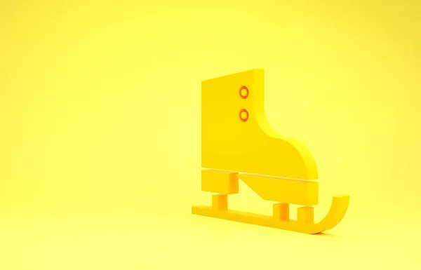 Icône de patins à glace jaune isolée sur fond jaune. Icône chaussures de patin à glace. Bottes de sport avec lames. Concept de minimalisme. Illustration 3D rendu 3D — Photo