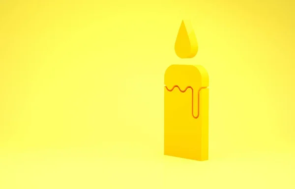 Yellow Burning candle in candlestick icon isolated on yellow background. Cylindrical candle stick with burning flame. Minimalism concept. 3d illustration 3D render — Stock Photo, Image