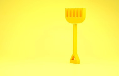 Sarı arka planda sarı bahçe tırmık simgesi var. Bahçecilik, tarım, çiftçilik aleti. Toprak işçisi. Temizlik ekipmanları. Minimalizm kavramı. 3d illüstrasyon 3d canlandırma