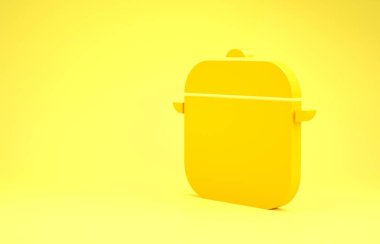 Sarı arka planda izole edilmiş sarı tencere ikonu. Haşlama ya da güveç besin sembolü. Minimalizm kavramı. 3d illüstrasyon 3B canlandırma